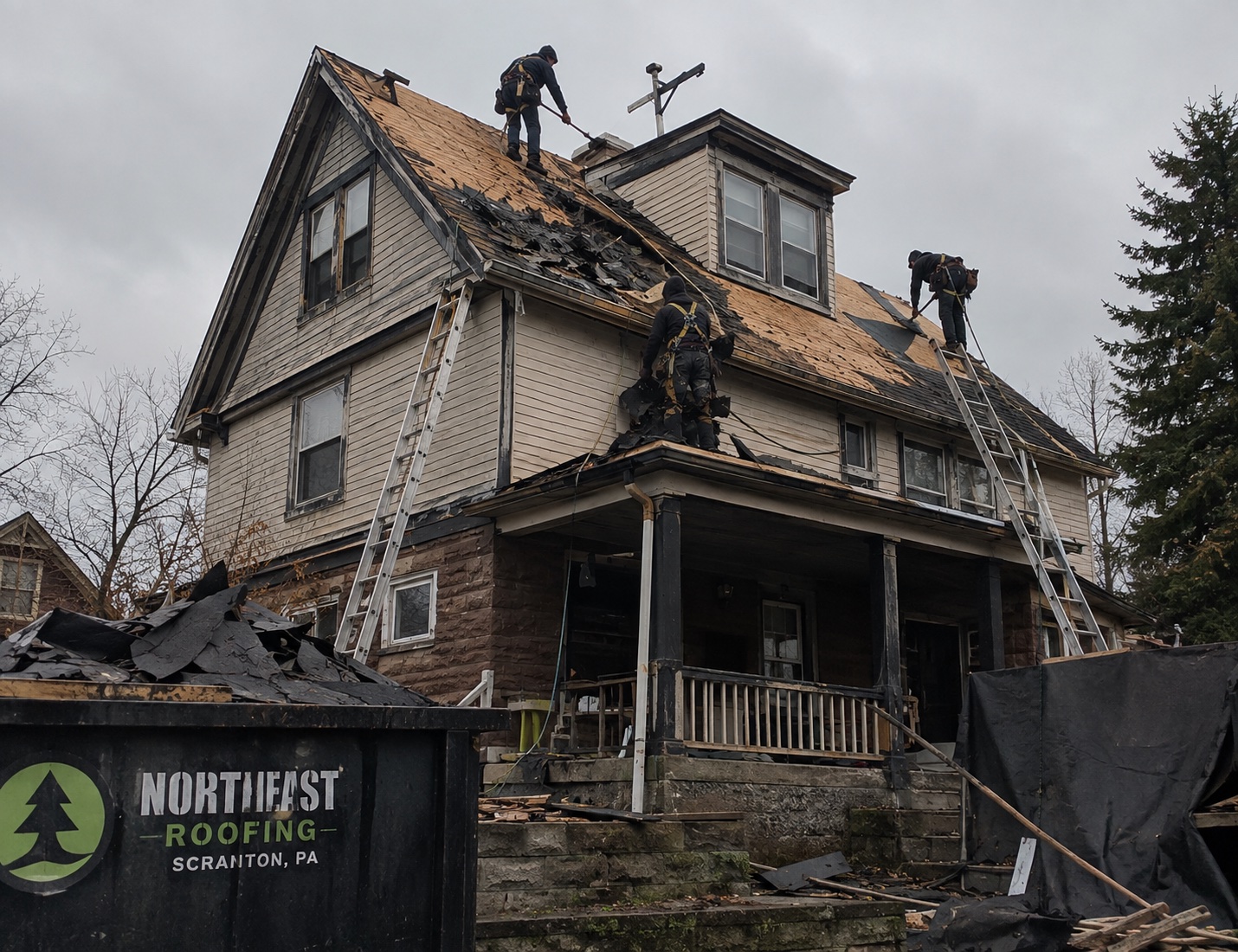 ABC Roofing crew replacing a steep roof on an older Scranton home